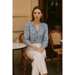 Rebecca Taylor Silk Blue Black Long Sleeve Blouse 6 Office Boho Chic Resortwear